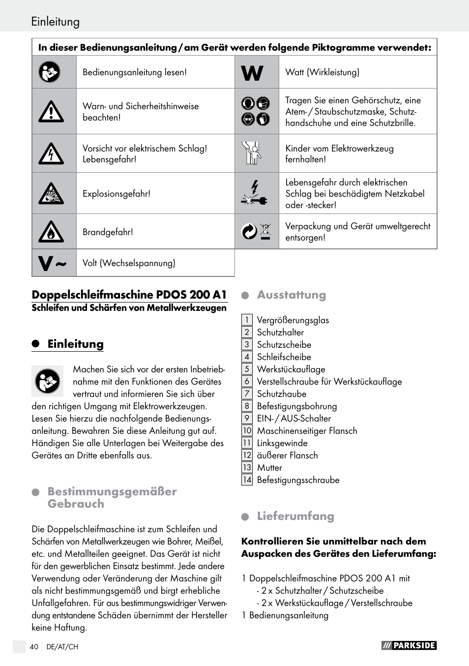 Einleitung, Einleitung / allgemeine sicherheitshinweise | Parkside PDOS 200 A1 User Manual | Page 40 / 48