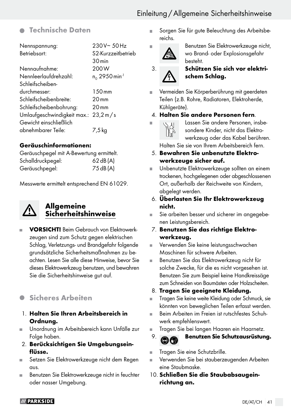 Technische daten, Allgemeine sicherheitshinweise, Sicheres arbeiten | Parkside PDOS 200 A1 User Manual | Page 41 / 48