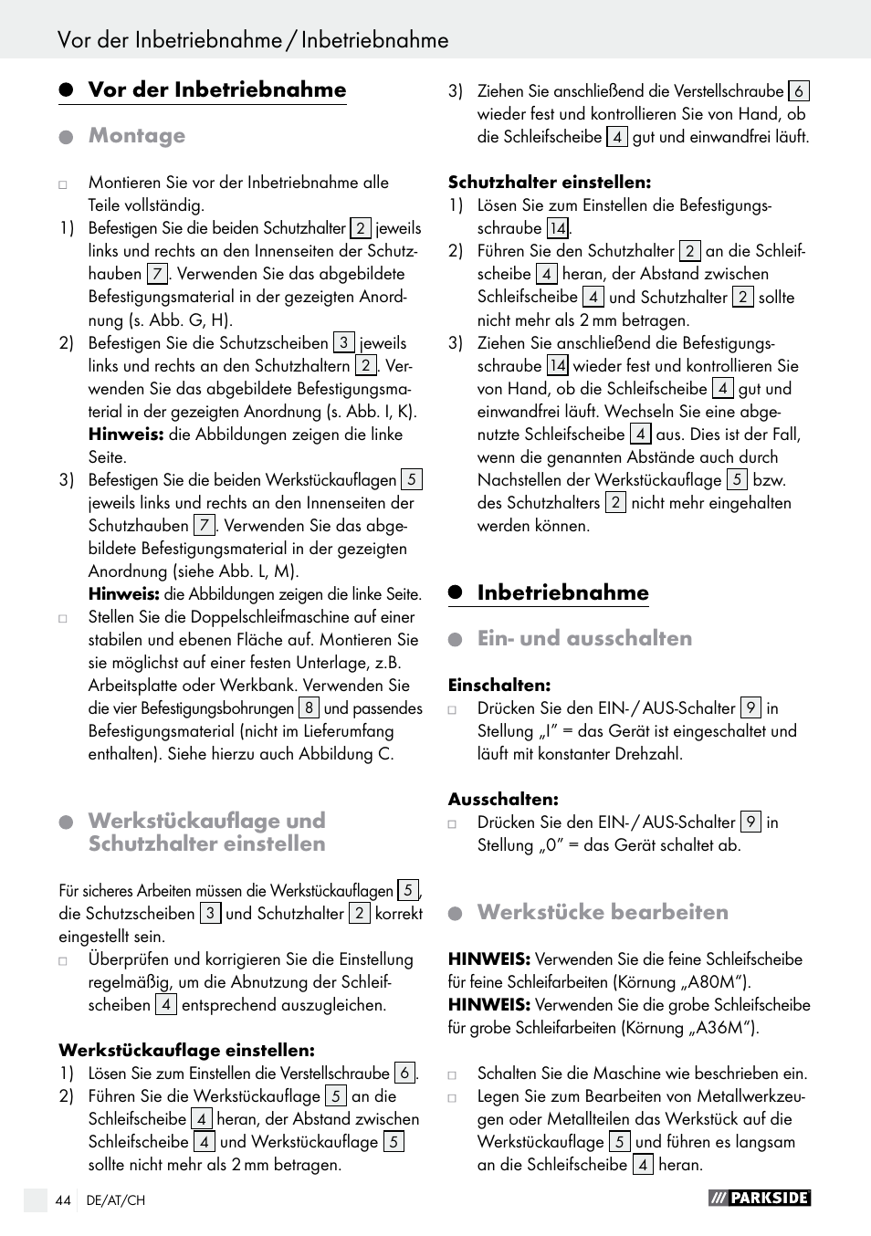 Vor der inbetriebnahme, Montage, Werkstückauflage und schutzhalter einstellen | Inbetriebnahme, Ein- und ausschalten, Werkstücke bearbeiten | Parkside PDOS 200 A1 User Manual | Page 44 / 48