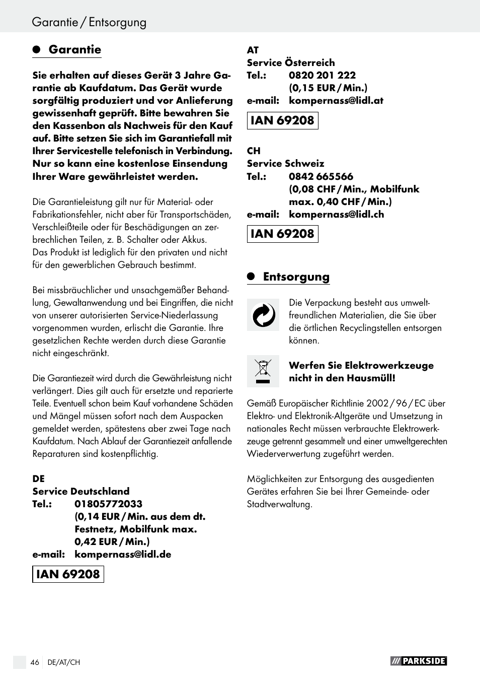 Parkside PDOS 200 A1 User Manual | Page 46 / 48