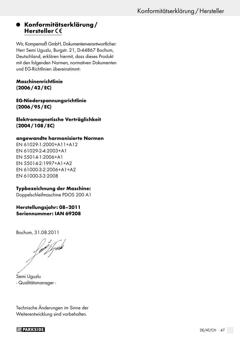 Konformitätserklärung / hersteller | Parkside PDOS 200 A1 User Manual | Page 47 / 48