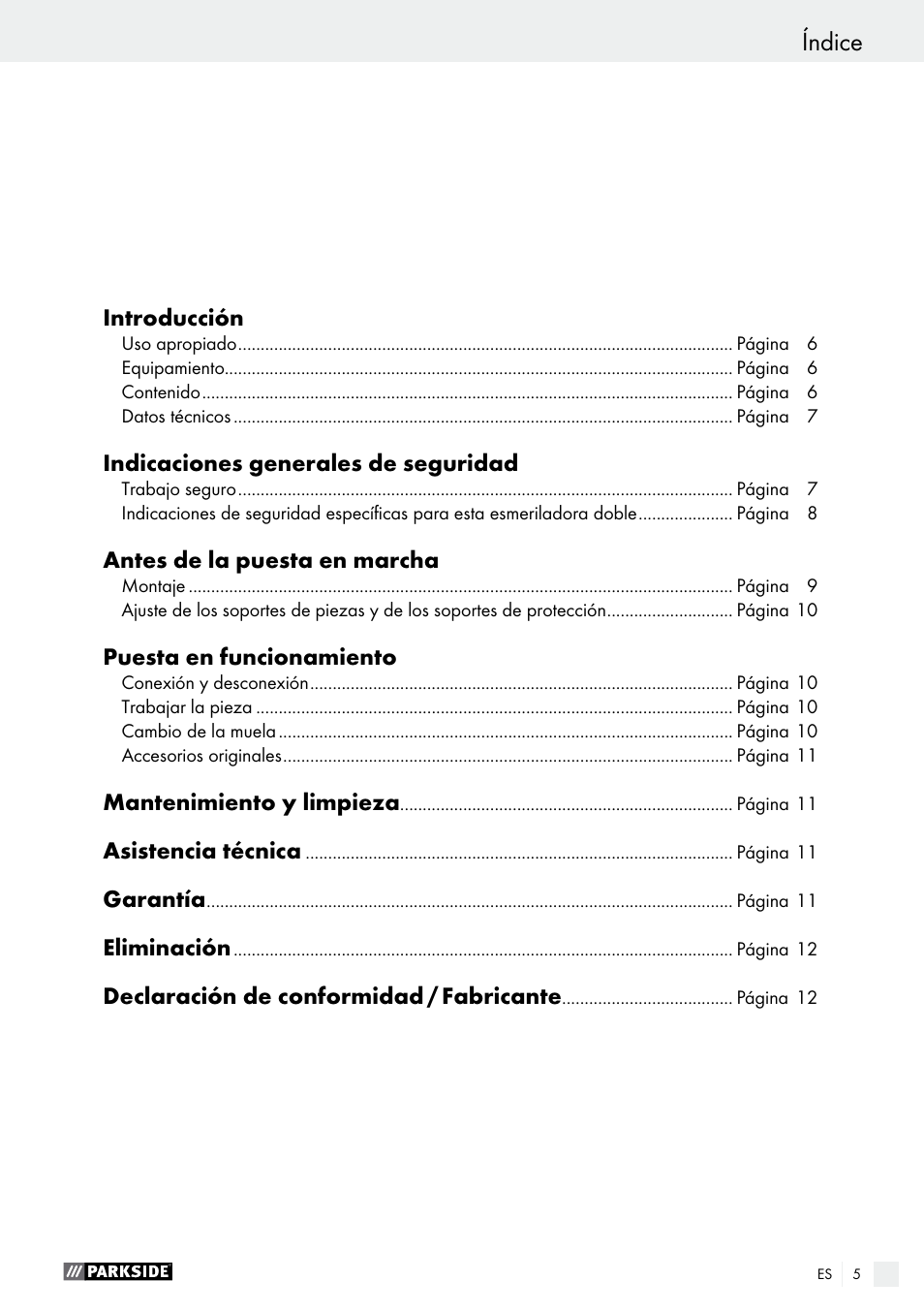 Índice | Parkside PDOS 200 A1 User Manual | Page 5 / 48