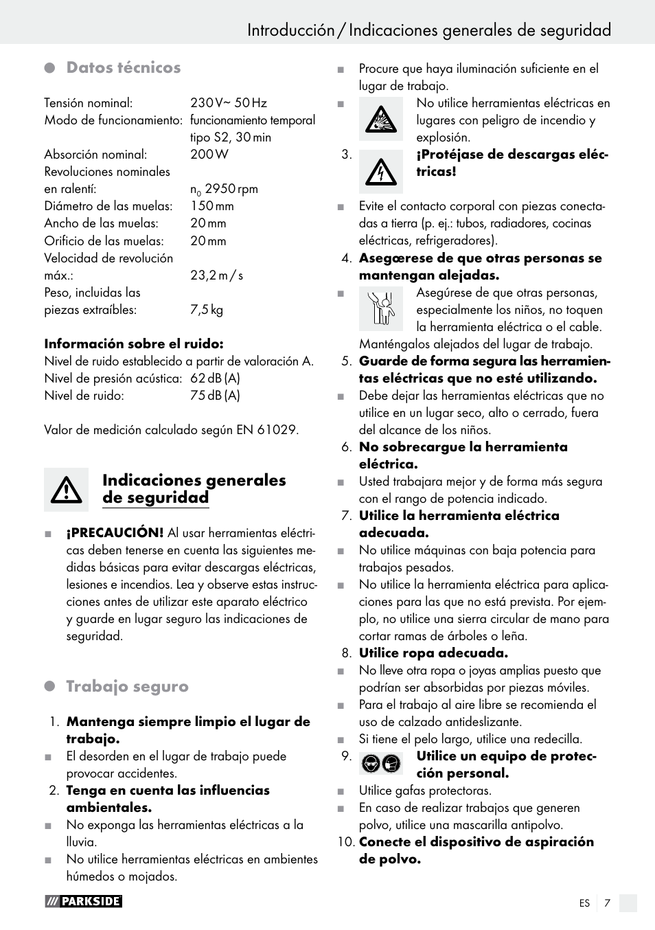 Introducción, Introducción / indicaciones generales de seguridad, Datos técnicos | Indicaciones generales de seguridad, Trabajo seguro | Parkside PDOS 200 A1 User Manual | Page 7 / 48