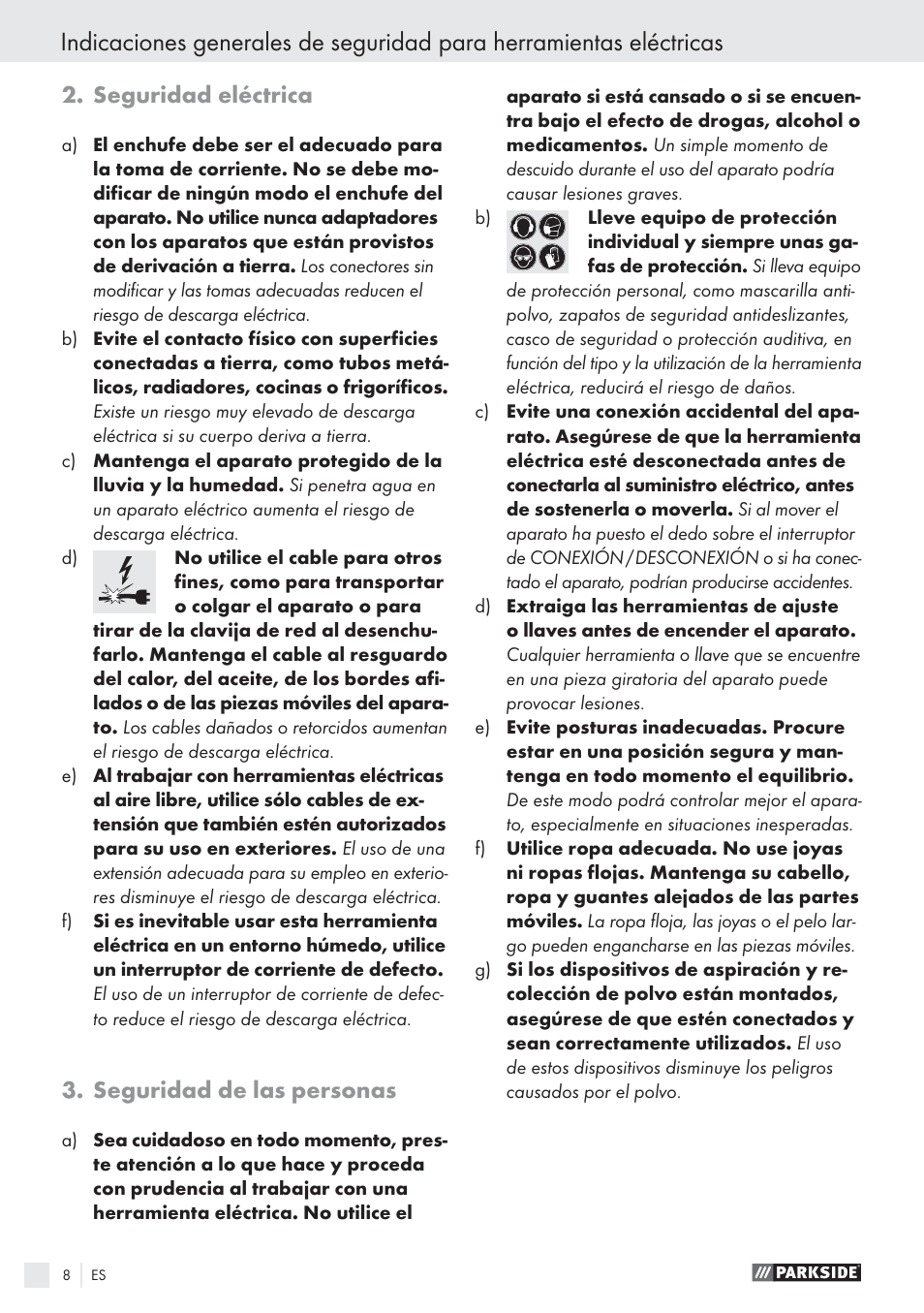 Seguridad eléctrica, Seguridad de las personas | Parkside PWS 125 A1 User Manual | Page 10 / 85