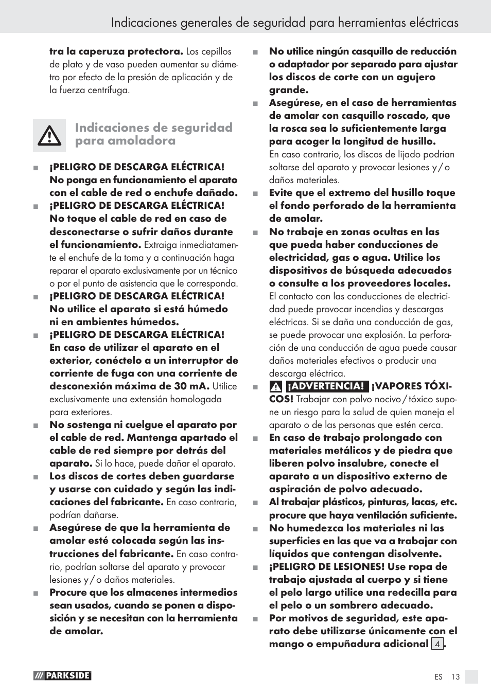 Indicaciones de seguridad para amoladora | Parkside PWS 125 A1 User Manual | Page 15 / 85