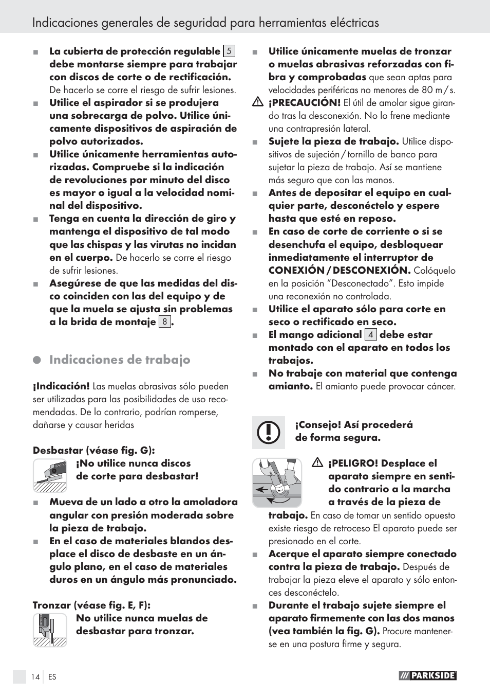 Indicaciones de trabajo | Parkside PWS 125 A1 User Manual | Page 16 / 85