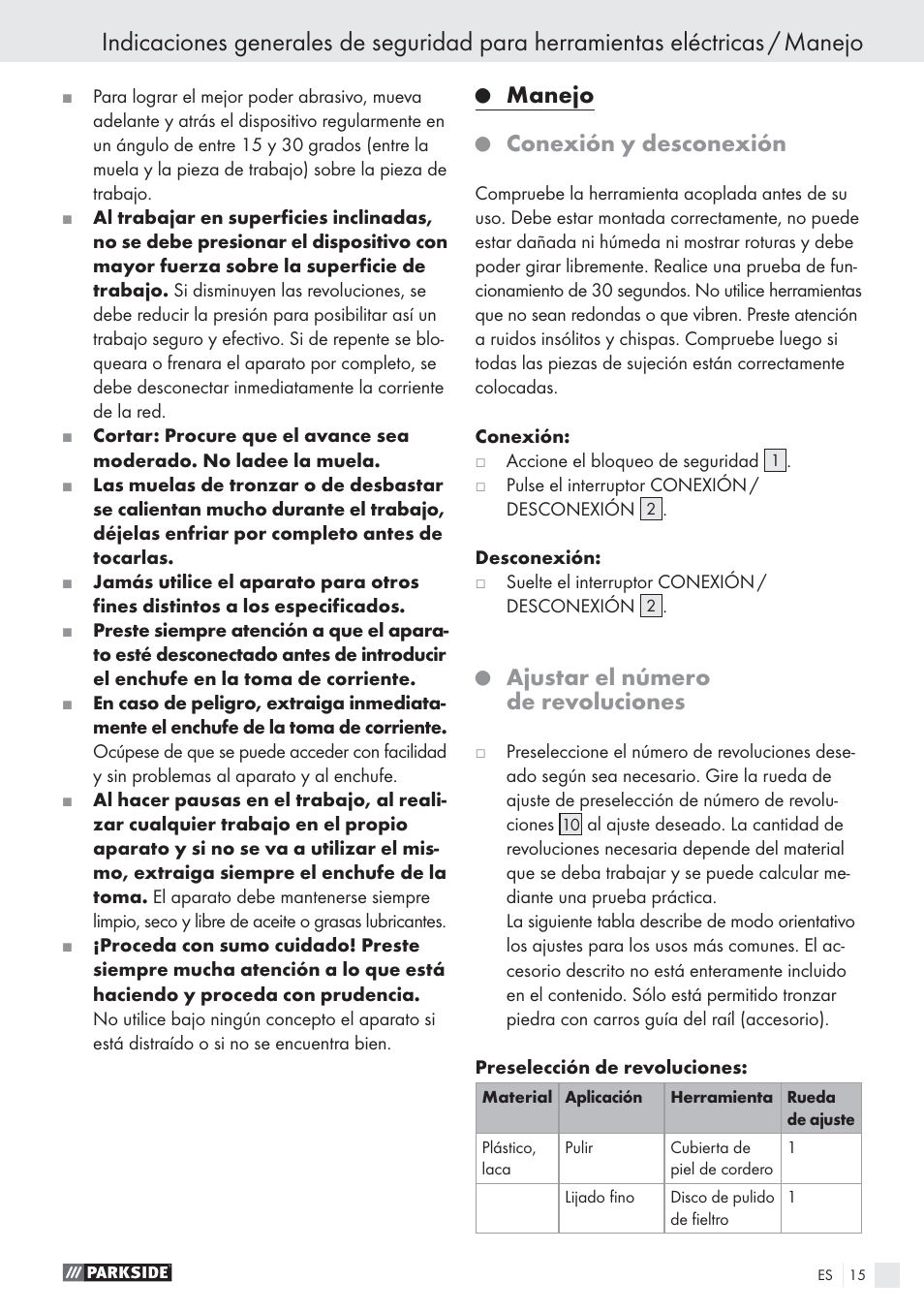 Manejo, Conexión y desconexión, Ajustar el número de revoluciones | Parkside PWS 125 A1 User Manual | Page 17 / 85