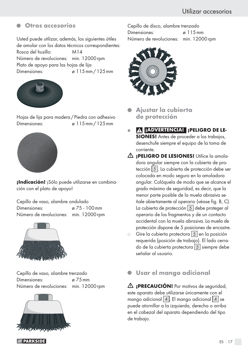 Utilizar accesorios, Otros accesorios, Ajustar la cubierta de protección | Usar el mango adicional | Parkside PWS 125 A1 User Manual | Page 19 / 85