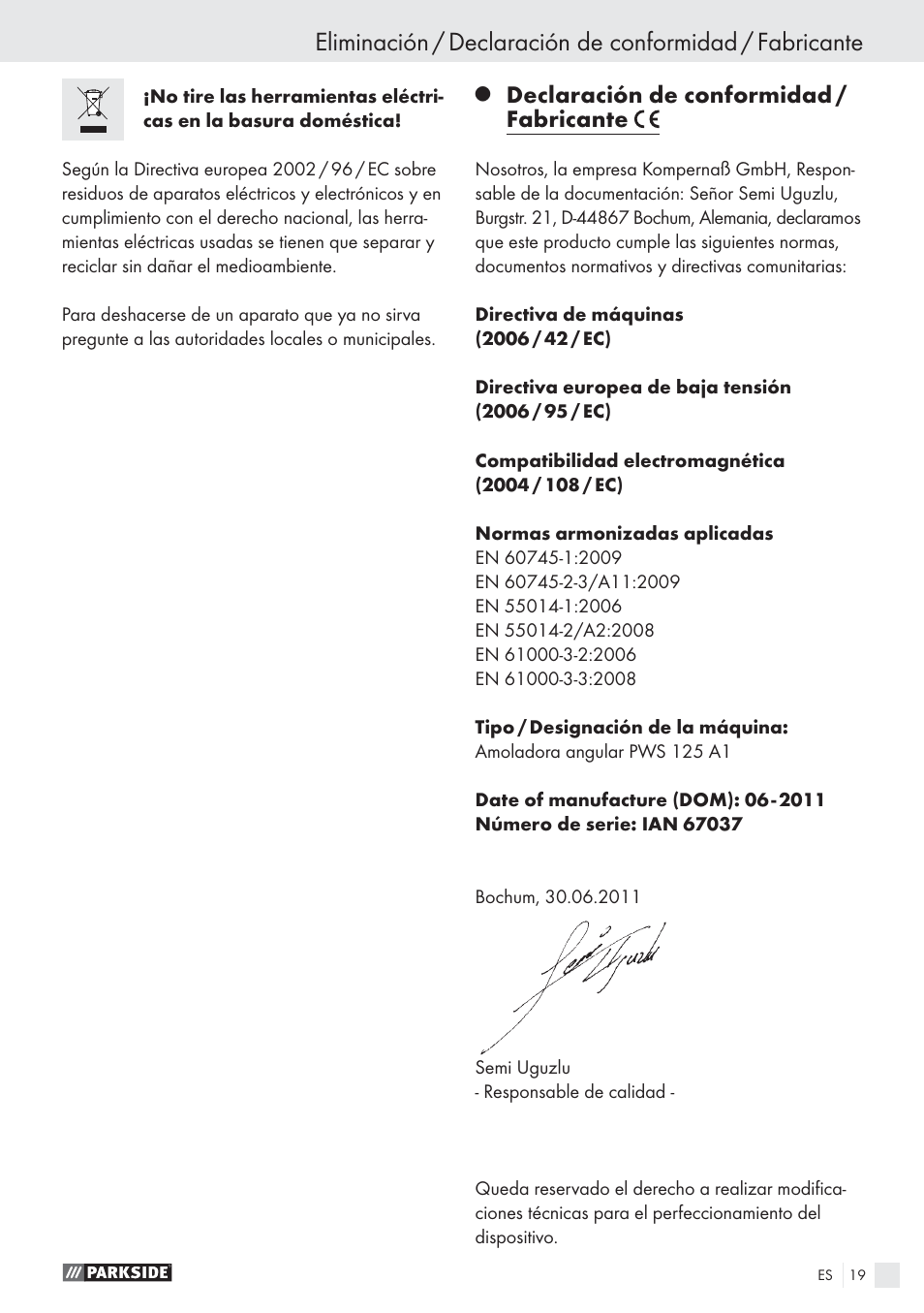 Declaración de conformidad / fabricante | Parkside PWS 125 A1 User Manual | Page 21 / 85