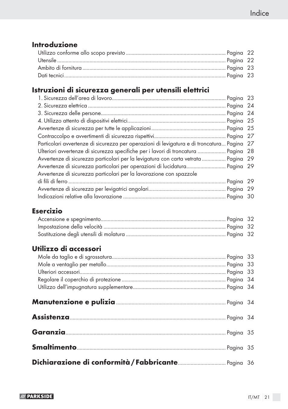 Indice, Introduzione, Esercizio | Utilizzo di accessori, Manutenzione e pulizia, Assistenza, Garanzia, Smaltimento, Dichiarazione di conformità / fabbricante | Parkside PWS 125 A1 User Manual | Page 23 / 85