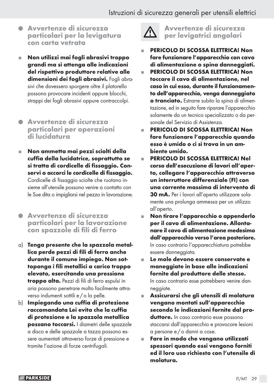 Avvertenze di sicurezza per levigatrici angolari | Parkside PWS 125 A1 User Manual | Page 31 / 85