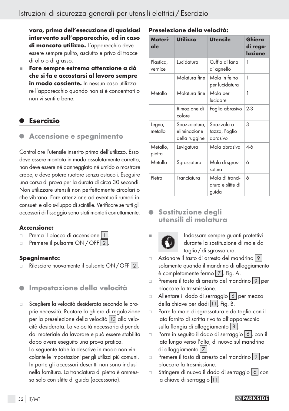 Esercizio, Accensione e spegnimento, Impostazione della velocità | Sostituzione degli utensili di molatura | Parkside PWS 125 A1 User Manual | Page 34 / 85