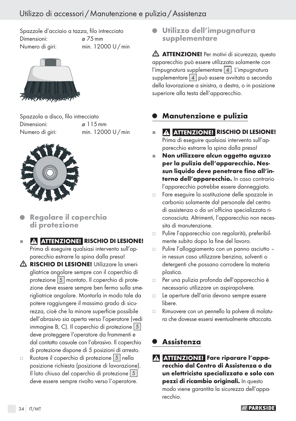 Regolare il coperchio di protezione, Utilizzo dell’impugnatura supplementare, Manutenzione e pulizia | Assistenza | Parkside PWS 125 A1 User Manual | Page 36 / 85