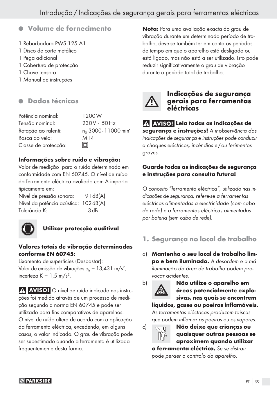 Volume de fornecimento, Dados técnicos, Segurança no local de trabalho | Parkside PWS 125 A1 User Manual | Page 41 / 85