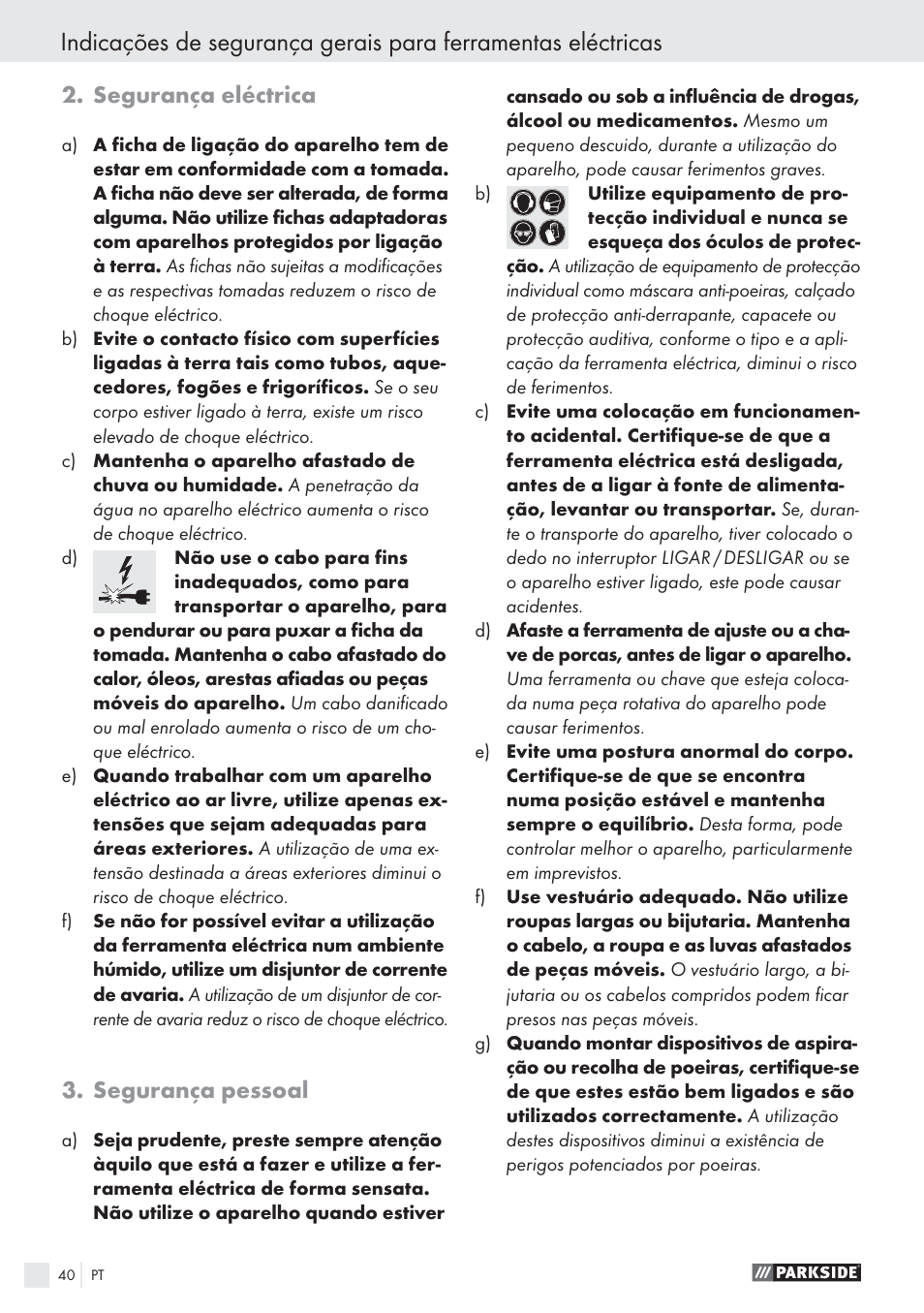 Segurança eléctrica, Segurança pessoal | Parkside PWS 125 A1 User Manual | Page 42 / 85
