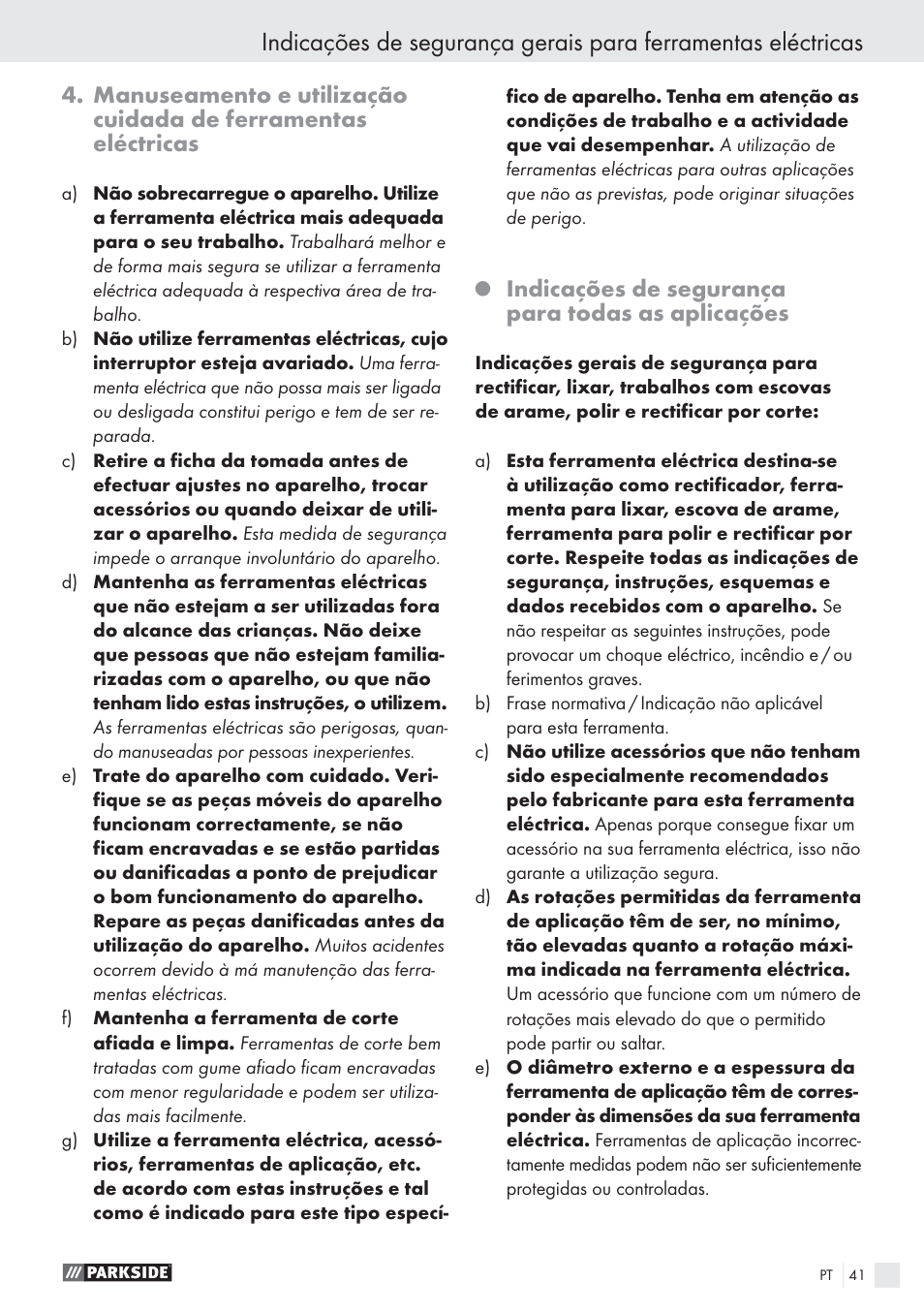 Indicações de segurança para todas as aplicações | Parkside PWS 125 A1 User Manual | Page 43 / 85