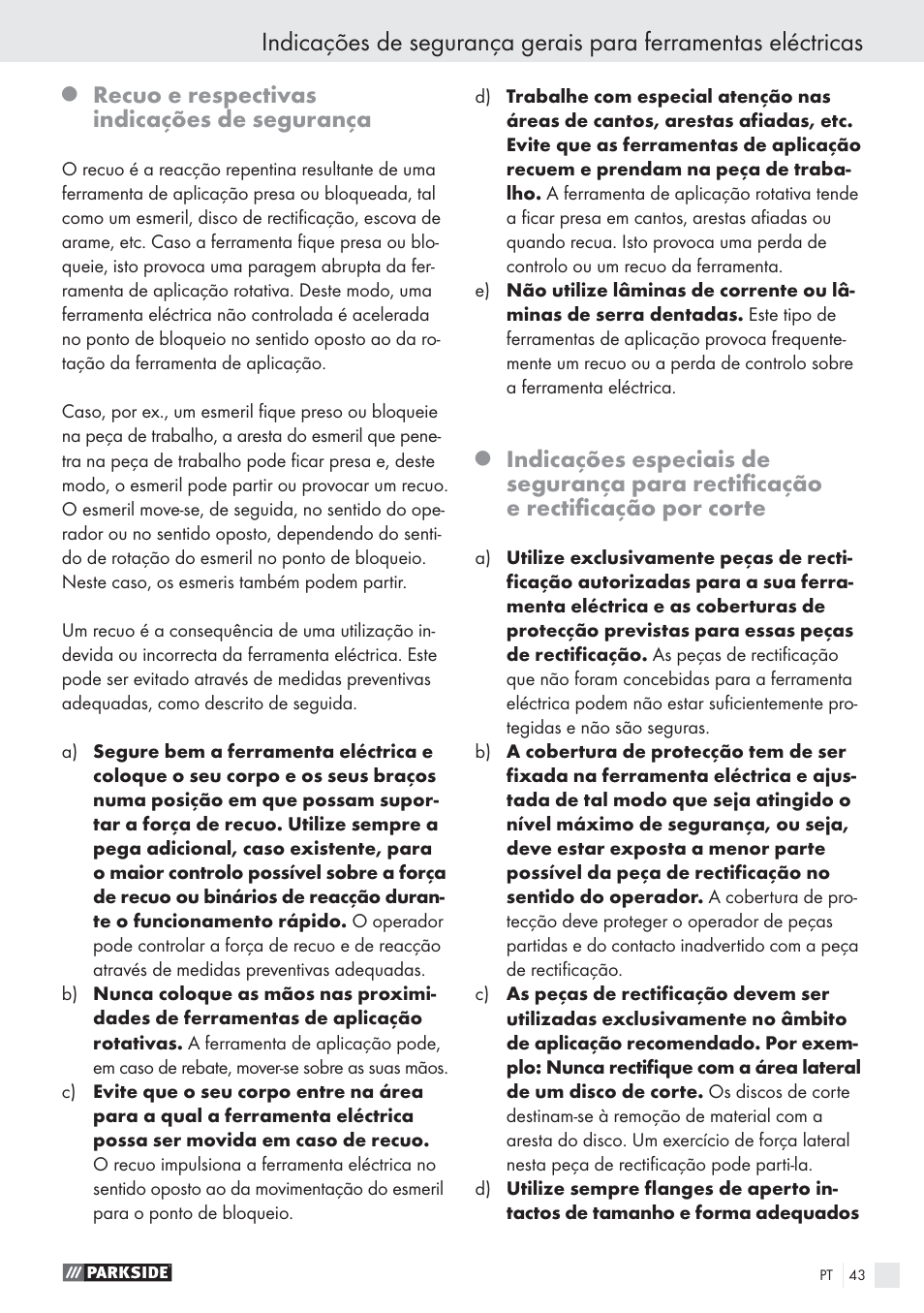 Recuo e respectivas indicações de segurança | Parkside PWS 125 A1 User Manual | Page 45 / 85