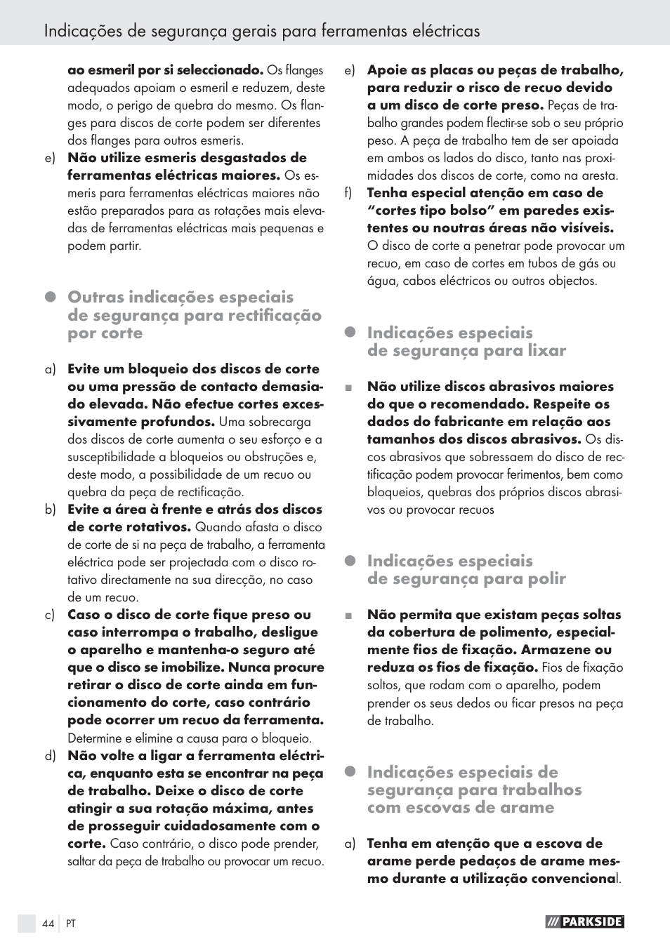 Indicações especiais de segurança para lixar, Indicações especiais de segurança para polir | Parkside PWS 125 A1 User Manual | Page 46 / 85