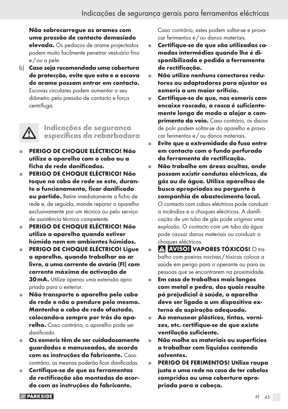 Indicações de segurança especíﬁcas da rebarbadora | Parkside PWS 125 A1 User Manual | Page 47 / 85