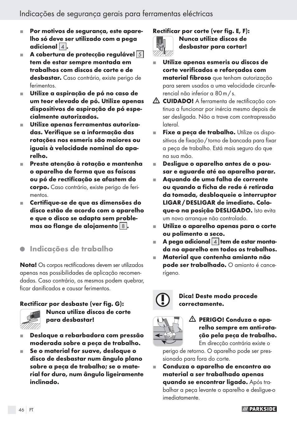 Indicações de trabalho | Parkside PWS 125 A1 User Manual | Page 48 / 85