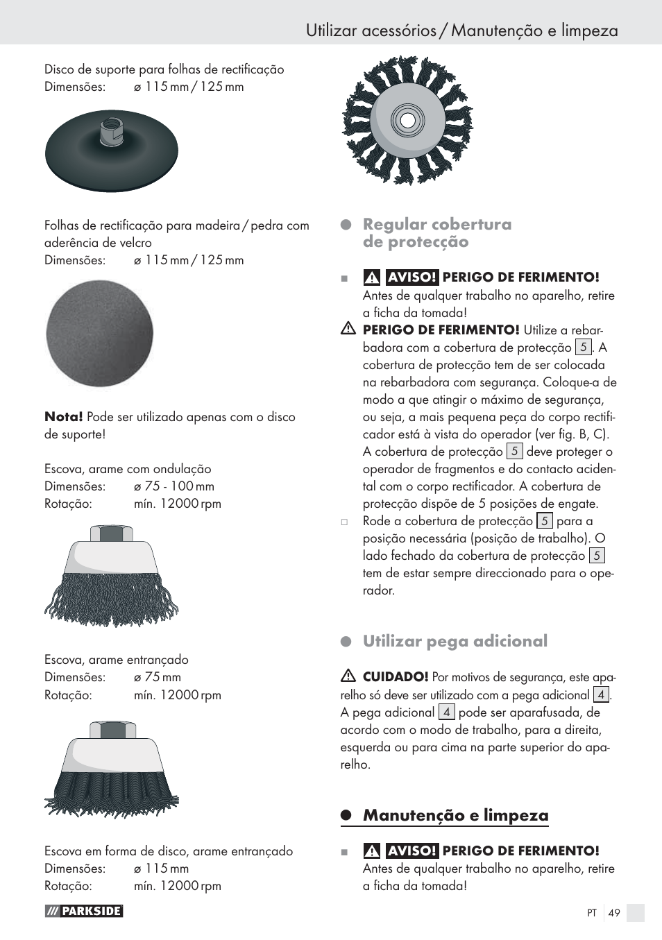 Utilizar acessórios / manutenção e limpeza, Regular cobertura de protecção, Utilizar pega adicional | Manutenção e limpeza | Parkside PWS 125 A1 User Manual | Page 51 / 85