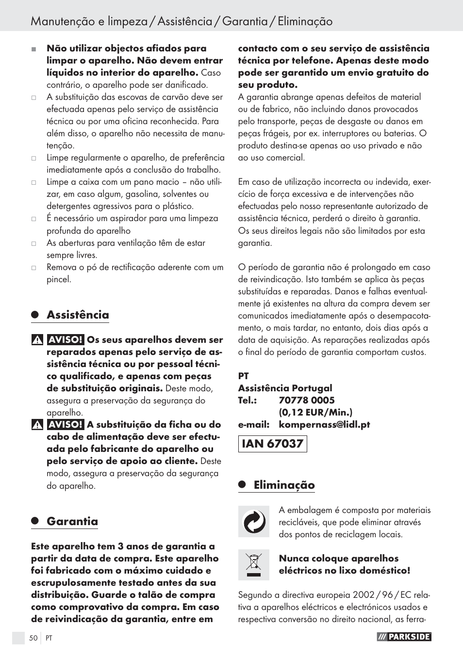 Assistência, Garantia, Eliminação | Parkside PWS 125 A1 User Manual | Page 52 / 85