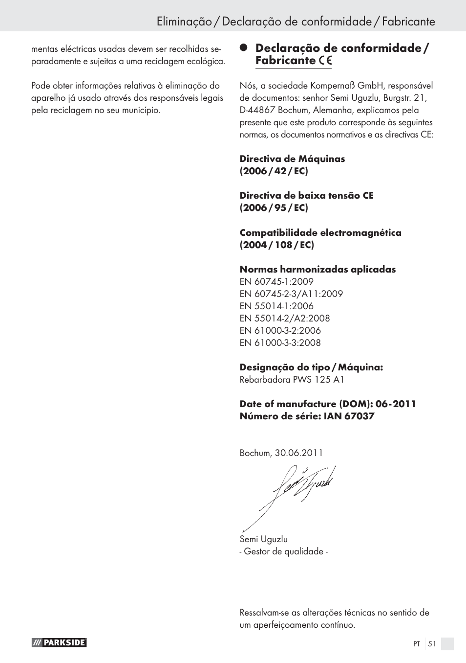 Declaração de conformidade / fabricante | Parkside PWS 125 A1 User Manual | Page 53 / 85