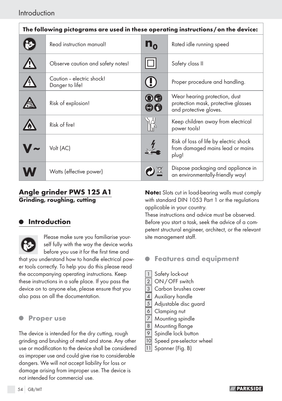 Introduction, Angle grinder pws 125 a1, Proper use | Features and equipment | Parkside PWS 125 A1 User Manual | Page 56 / 85