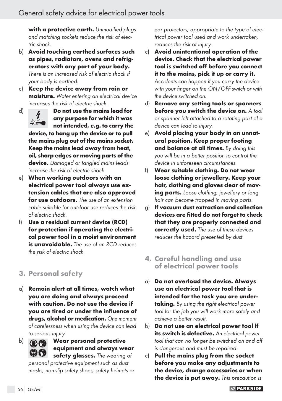 General safety advice for electrical power tools, Personal safety, Careful handling and use of electrical power tools | Parkside PWS 125 A1 User Manual | Page 58 / 85