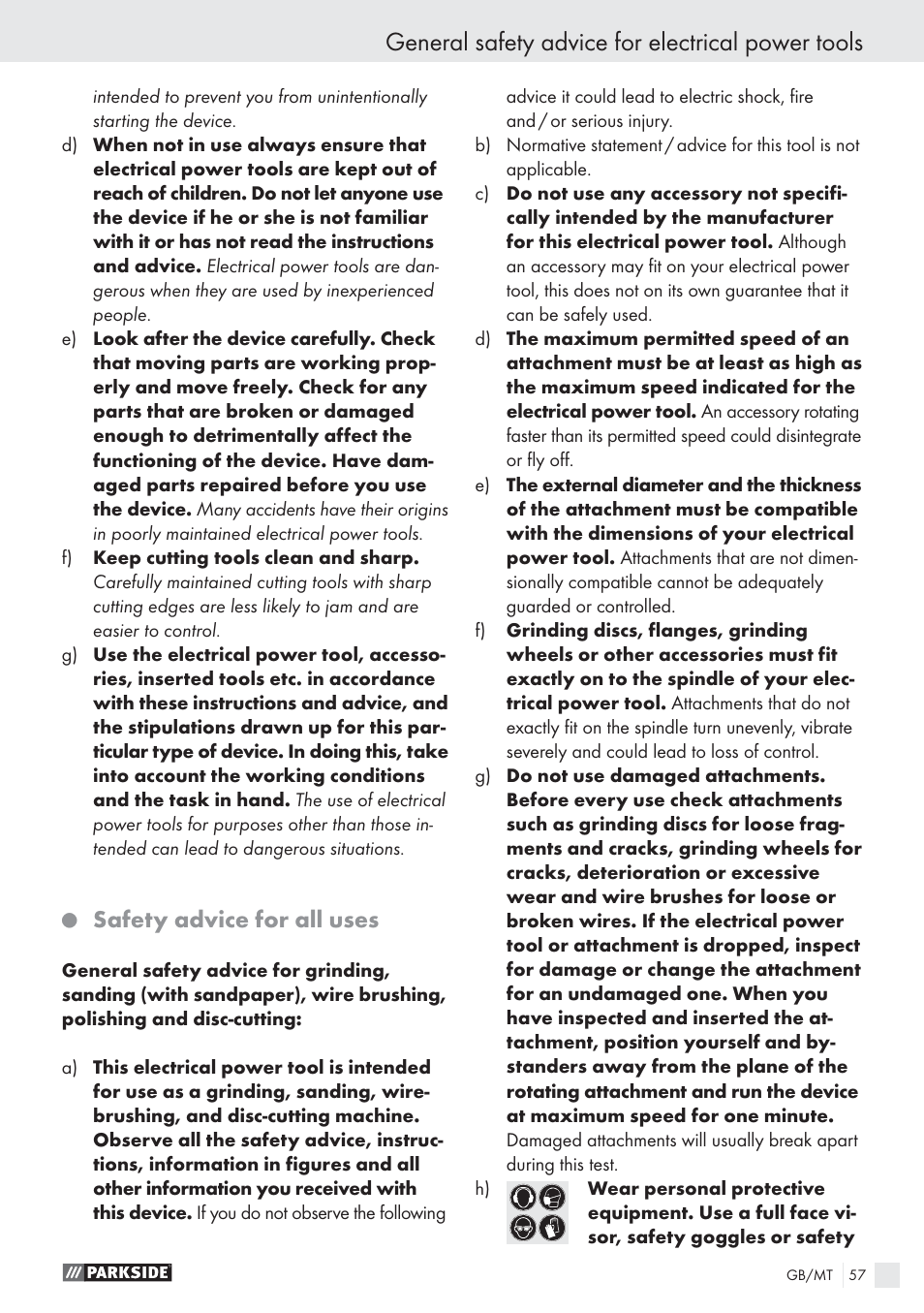 General safety advice for electrical power tools, Safety advice for all uses | Parkside PWS 125 A1 User Manual | Page 59 / 85