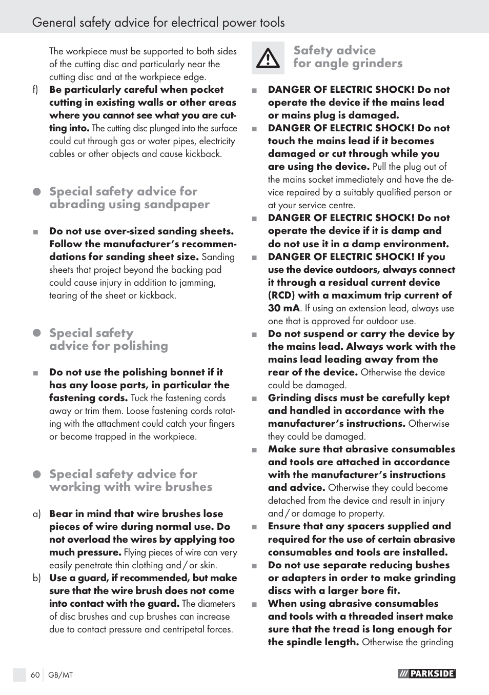 General safety advice for electrical power tools, Special safety advice for abrading using sandpaper, Special safety advice for polishing | Safety advice for angle grinders | Parkside PWS 125 A1 User Manual | Page 62 / 85