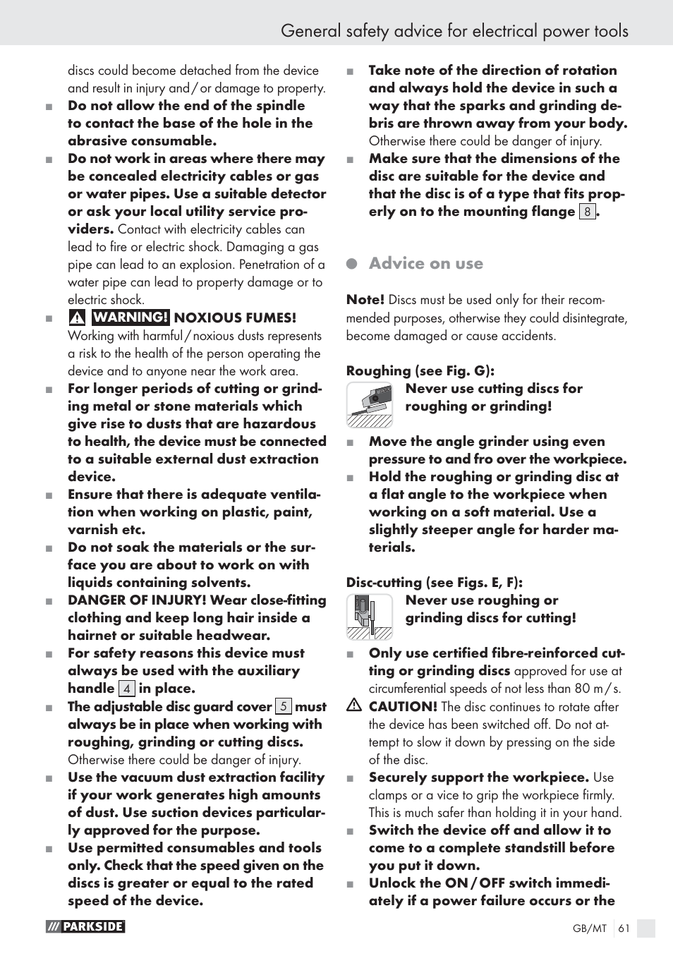 General safety advice for electrical power tools, Advice on use | Parkside PWS 125 A1 User Manual | Page 63 / 85