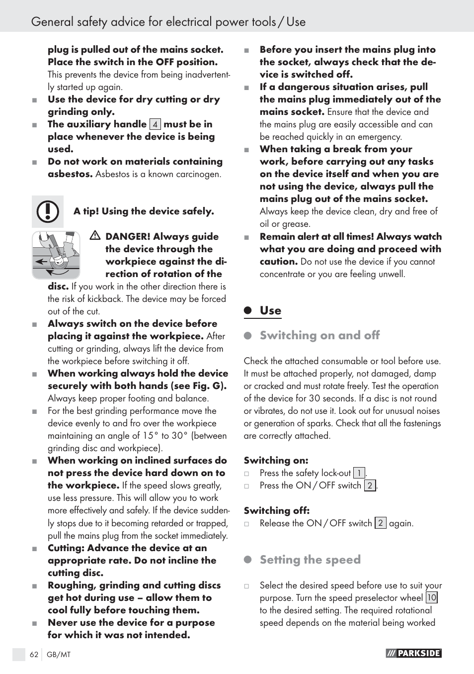 Switching on and oﬀ, Setting the speed | Parkside PWS 125 A1 User Manual | Page 64 / 85