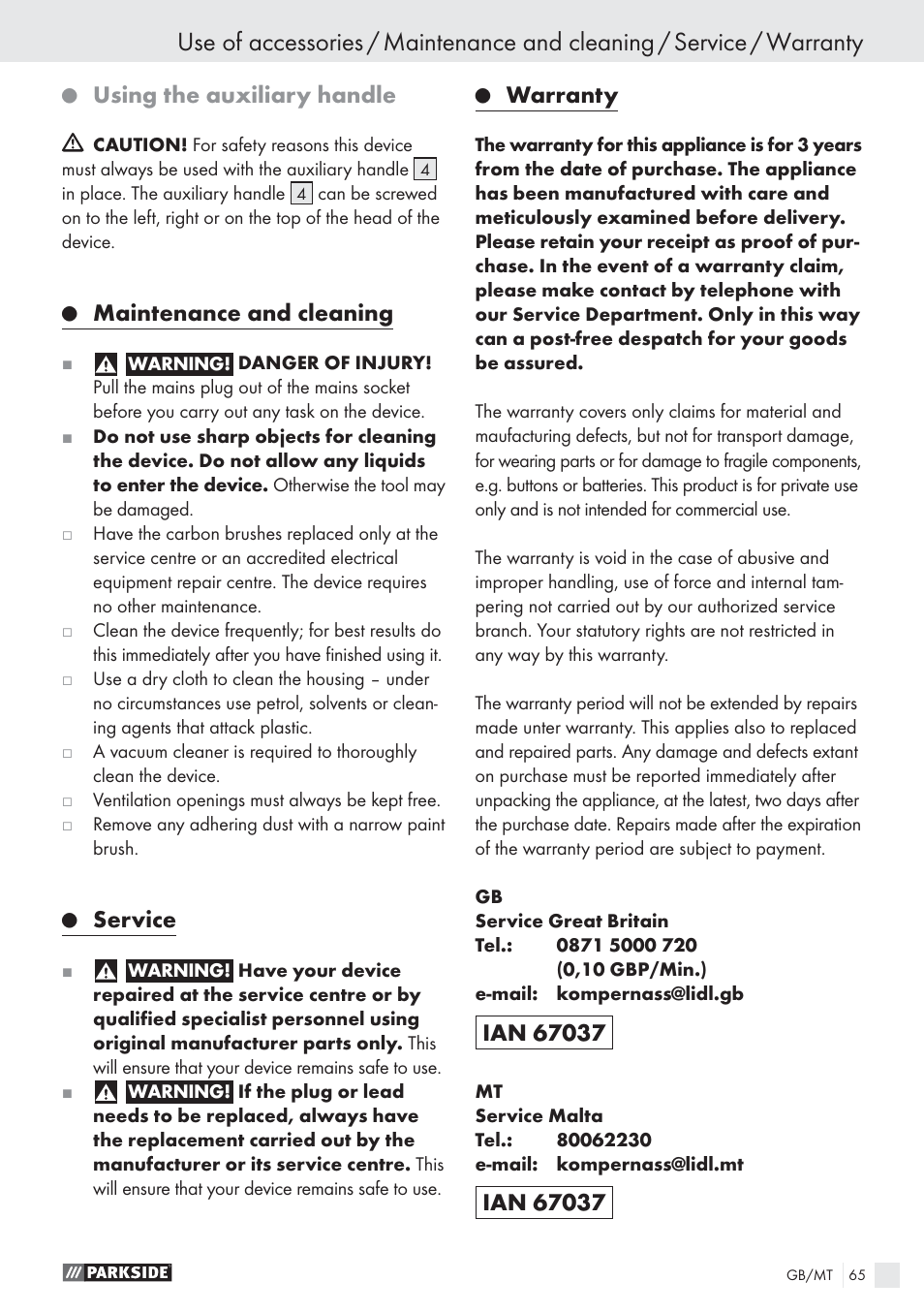 Using the auxiliary handle, Maintenance and cleaning, Service | Warranty | Parkside PWS 125 A1 User Manual | Page 67 / 85