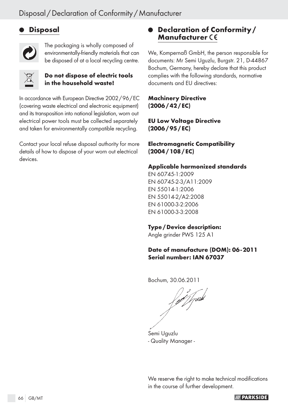 Disposal, Declaration of conformity / manufacturer | Parkside PWS 125 A1 User Manual | Page 68 / 85