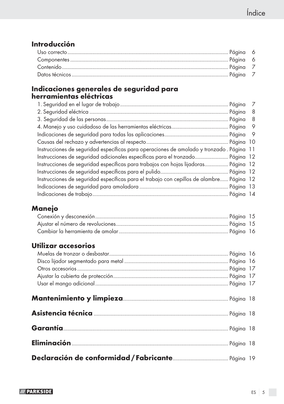 Índice, Introducción, Manejo | Utilizar accesorios, Mantenimiento y limpieza, Asistencia técnica, Garantía, Eliminación, Declaración de conformidad / fabricante | Parkside PWS 125 A1 User Manual | Page 7 / 85