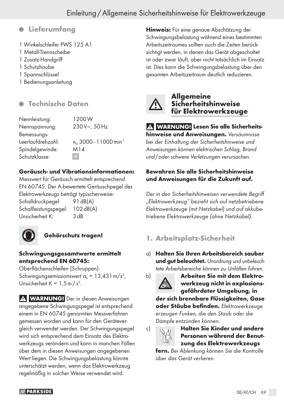Lieferumfang, Technische daten, Arbeitsplatz-sicherheit | Parkside PWS 125 A1 User Manual | Page 71 / 85