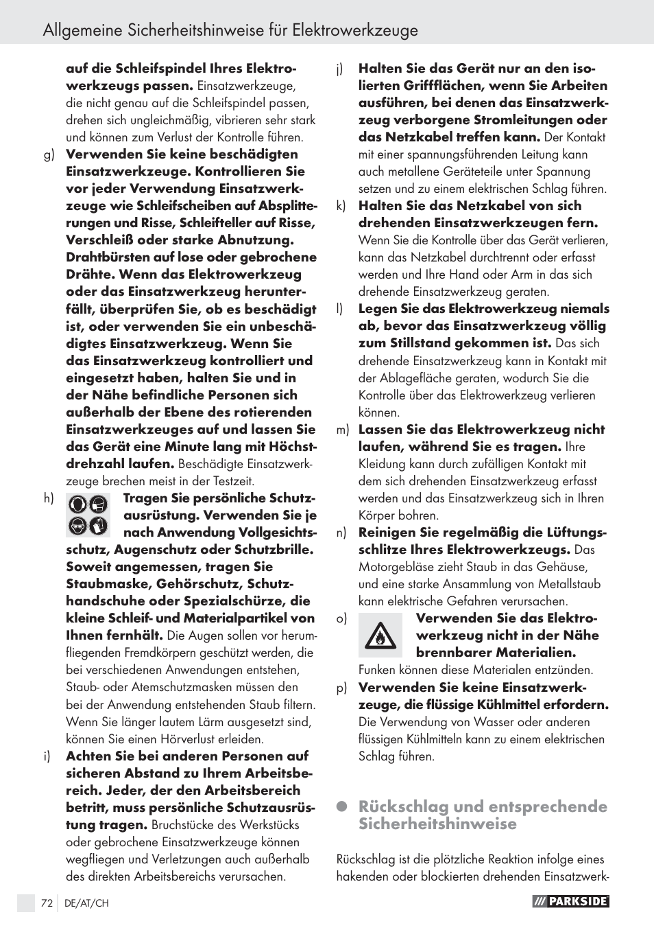 Rückschlag und entsprechende sicherheitshinweise | Parkside PWS 125 A1 User Manual | Page 74 / 85