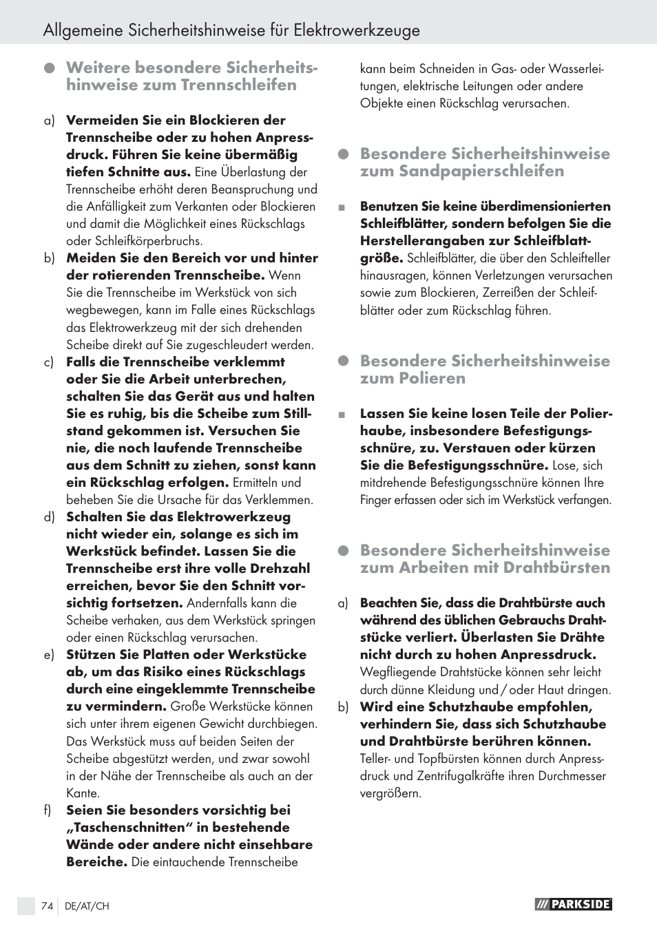 Besondere sicherheitshinweise zum polieren | Parkside PWS 125 A1 User Manual | Page 76 / 85