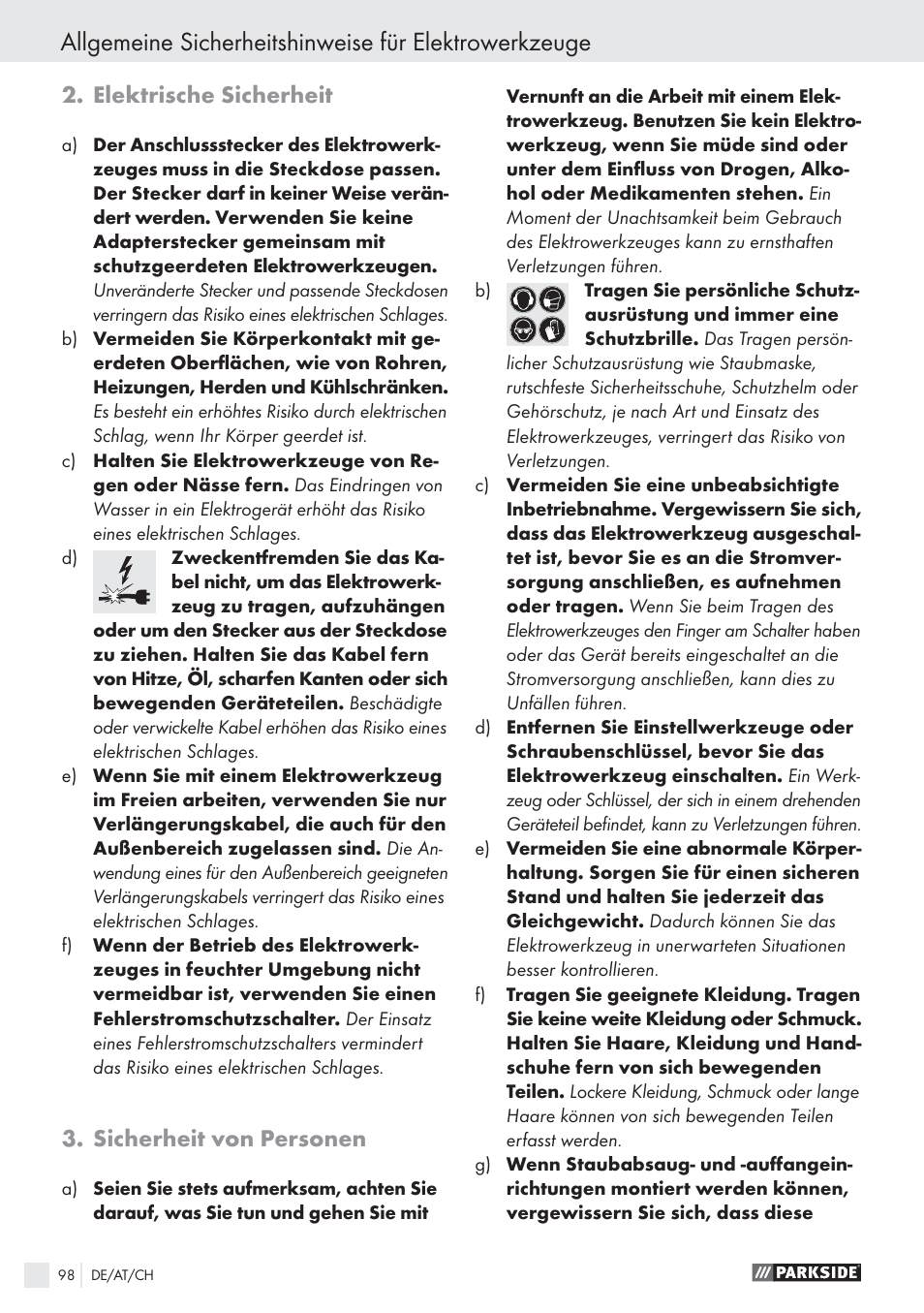 Elektrische sicherheit, Sicherheit von personen | Parkside PWS 125 A1 User Manual | Page 100 / 113