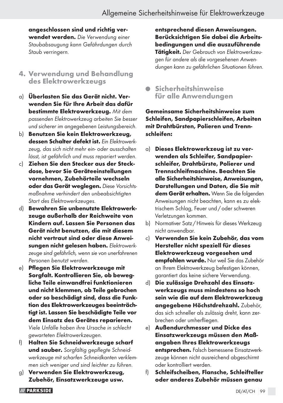 Verwendung und behandlung des elektrowerkzeugs, Sicherheitshinweise für alle anwendungen | Parkside PWS 125 A1 User Manual | Page 101 / 113