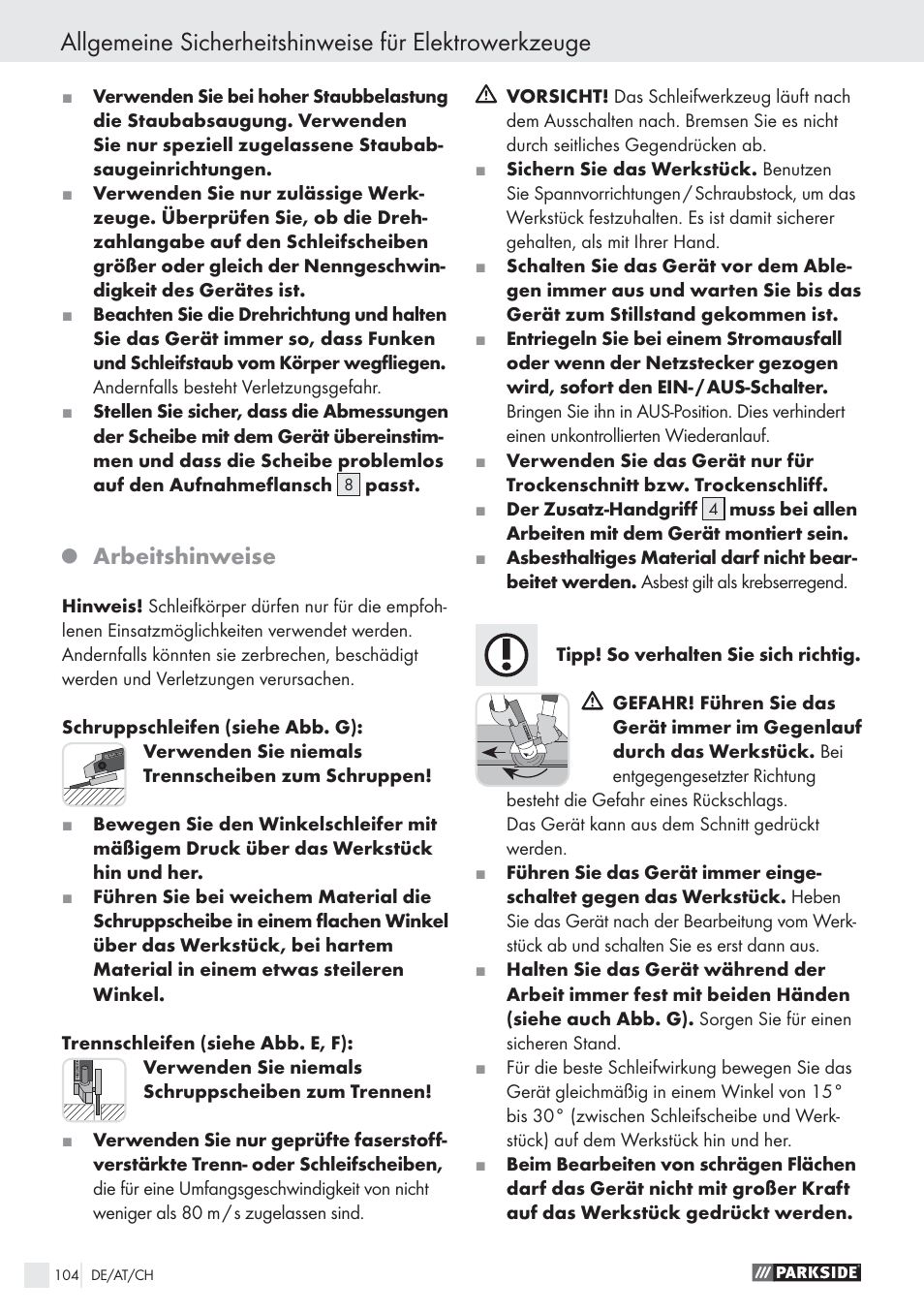 Arbeitshinweise | Parkside PWS 125 A1 User Manual | Page 106 / 113