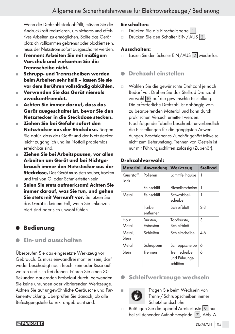 Bedienung, Ein- und ausschalten, Drehzahl einstellen | Schleifwerkzeuge wechseln | Parkside PWS 125 A1 User Manual | Page 107 / 113