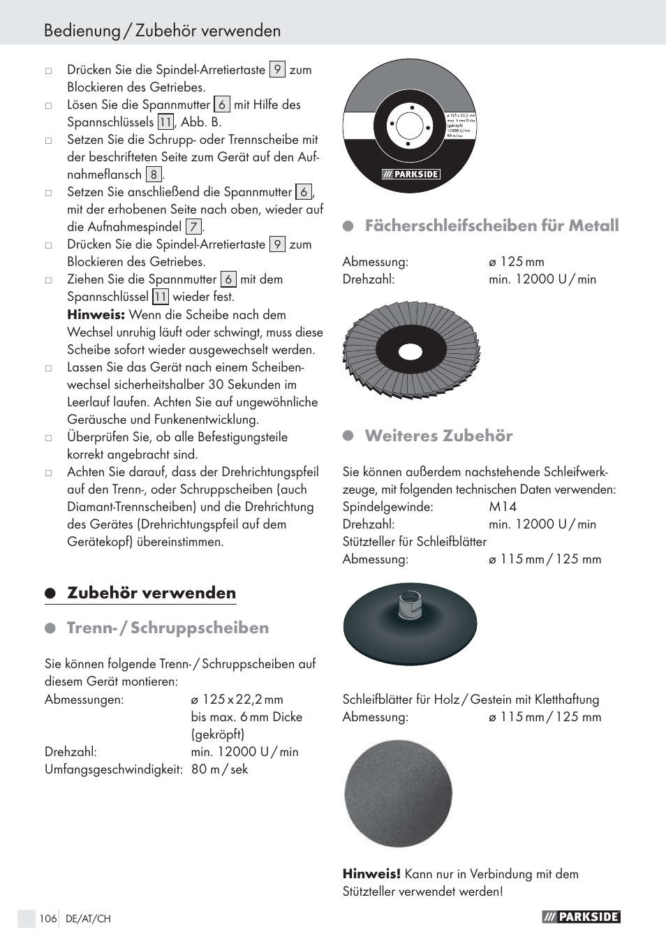 Bedienung / zubehör verwenden, Zubehör verwenden, Trenn- / schruppscheiben | Fächerschleifscheiben für metall, Weiteres zubehör | Parkside PWS 125 A1 User Manual | Page 108 / 113