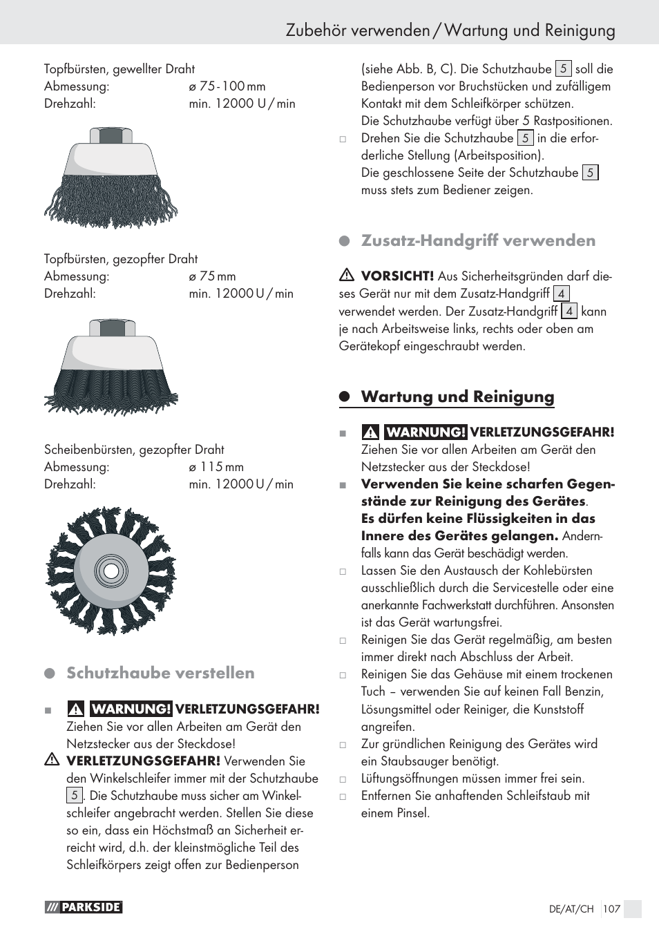 Zubehör verwenden / wartung und reinigung, Schutzhaube verstellen, Zusatz-handgriﬀ verwenden | Wartung und reinigung | Parkside PWS 125 A1 User Manual | Page 109 / 113
