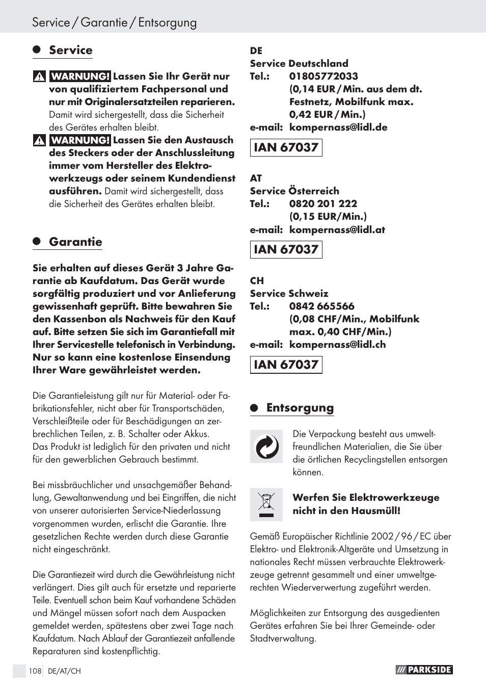 Service / garantie / entsorgung, Service, Garantie | Entsorgung | Parkside PWS 125 A1 User Manual | Page 110 / 113
