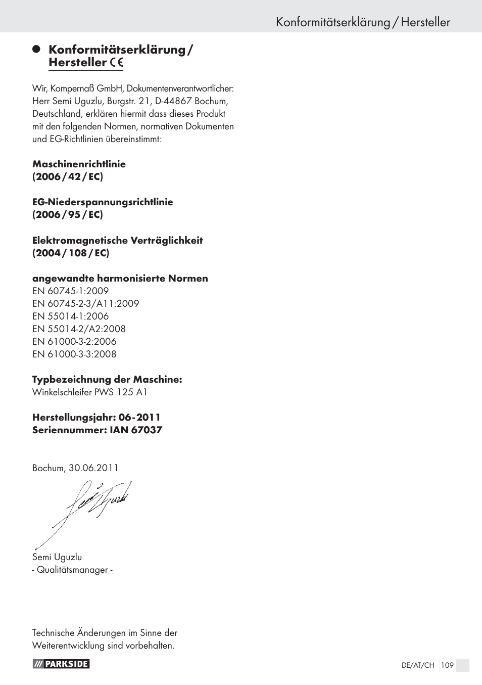 Konformitätserklärung / hersteller | Parkside PWS 125 A1 User Manual | Page 111 / 113