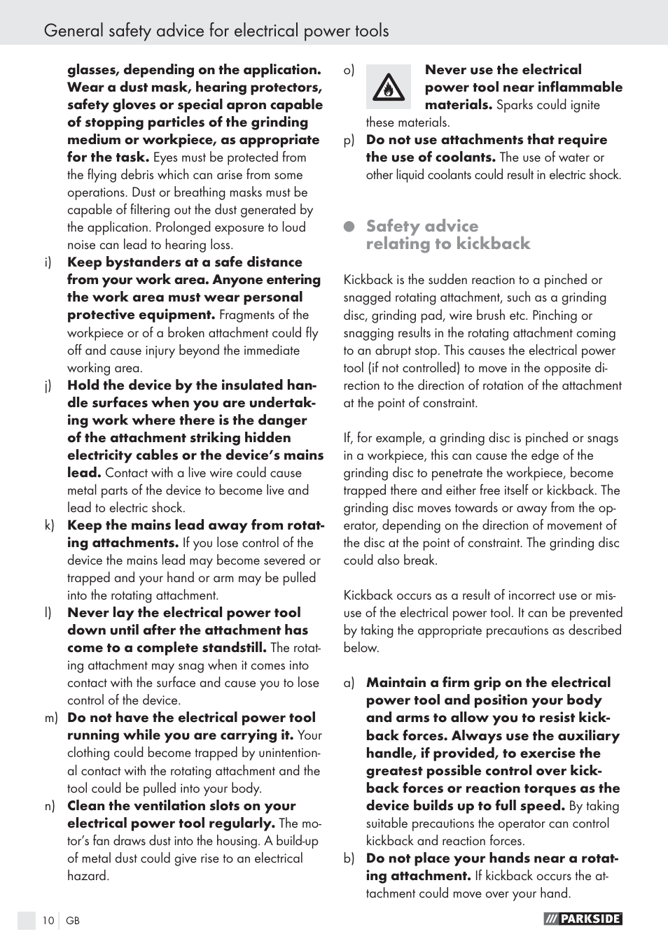 General safety advice for electrical power tools, Safety advice relating to kickback | Parkside PWS 125 A1 User Manual | Page 12 / 113