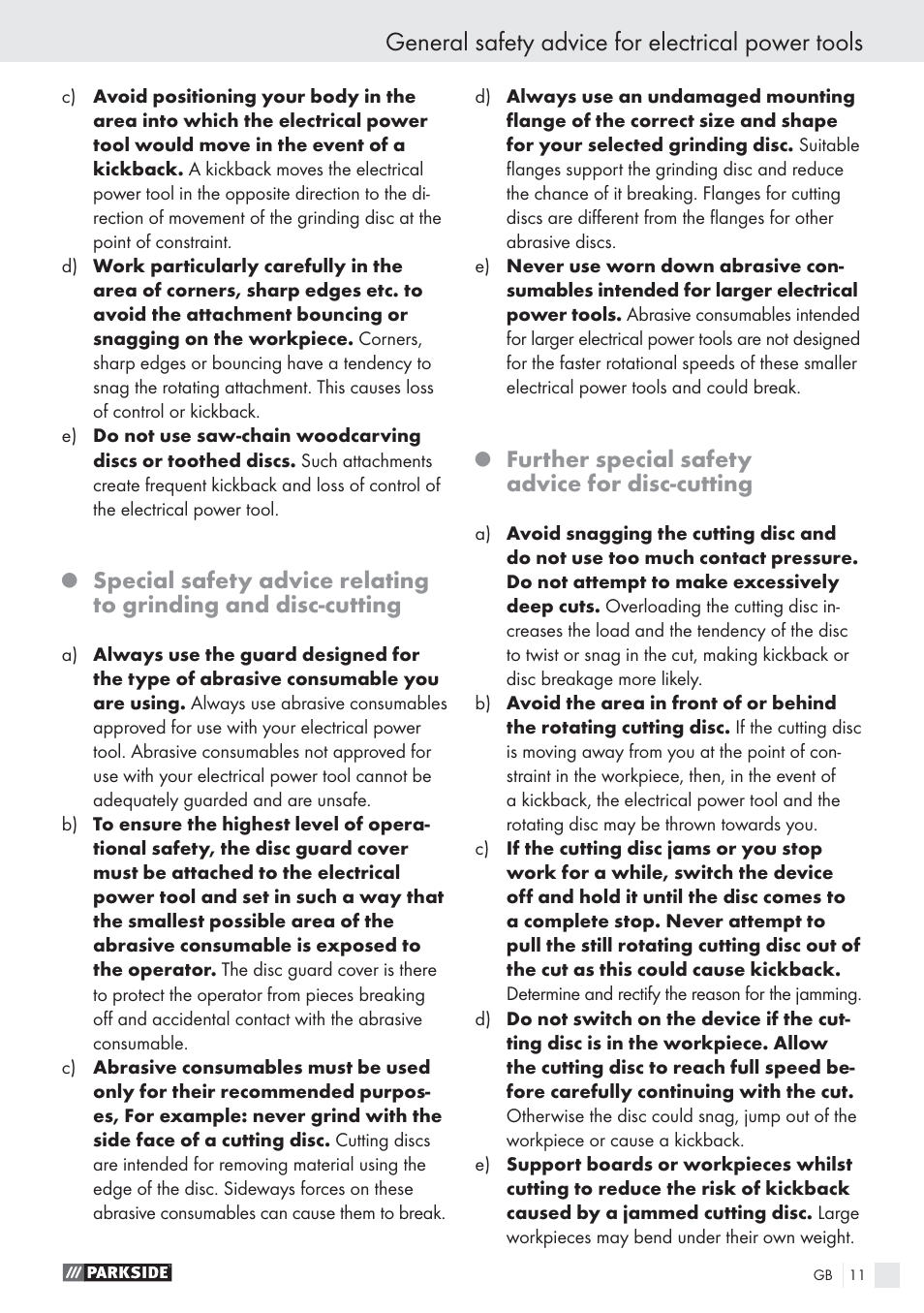 General safety advice for electrical power tools, Further special safety advice for disc-cutting | Parkside PWS 125 A1 User Manual | Page 13 / 113
