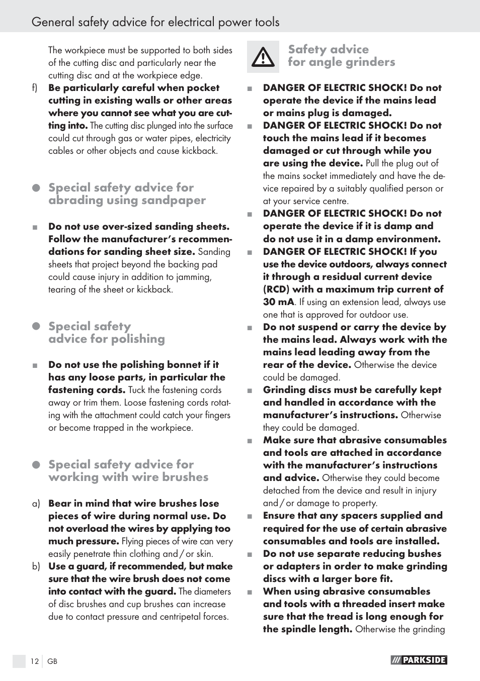 General safety advice for electrical power tools, Special safety advice for abrading using sandpaper, Special safety advice for polishing | Safety advice for angle grinders | Parkside PWS 125 A1 User Manual | Page 14 / 113